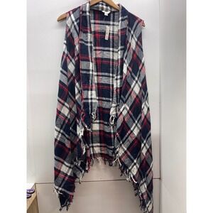 Est. 1946‎ Womens XL Plaid Waterfall Vest Navy Red White Fringe Open Front New